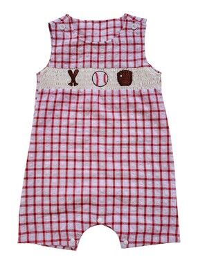 Red Gingham Baseball Smocked Kids Pajama Romper Baby Size 90 (12-18 Months)